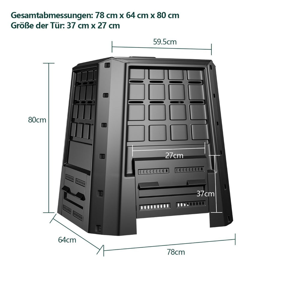Trädgårdskomposter – PP Thermokomposter med lock och justerbara luftöppningar – 380 L 78 x 64 x 80 cm – Svart