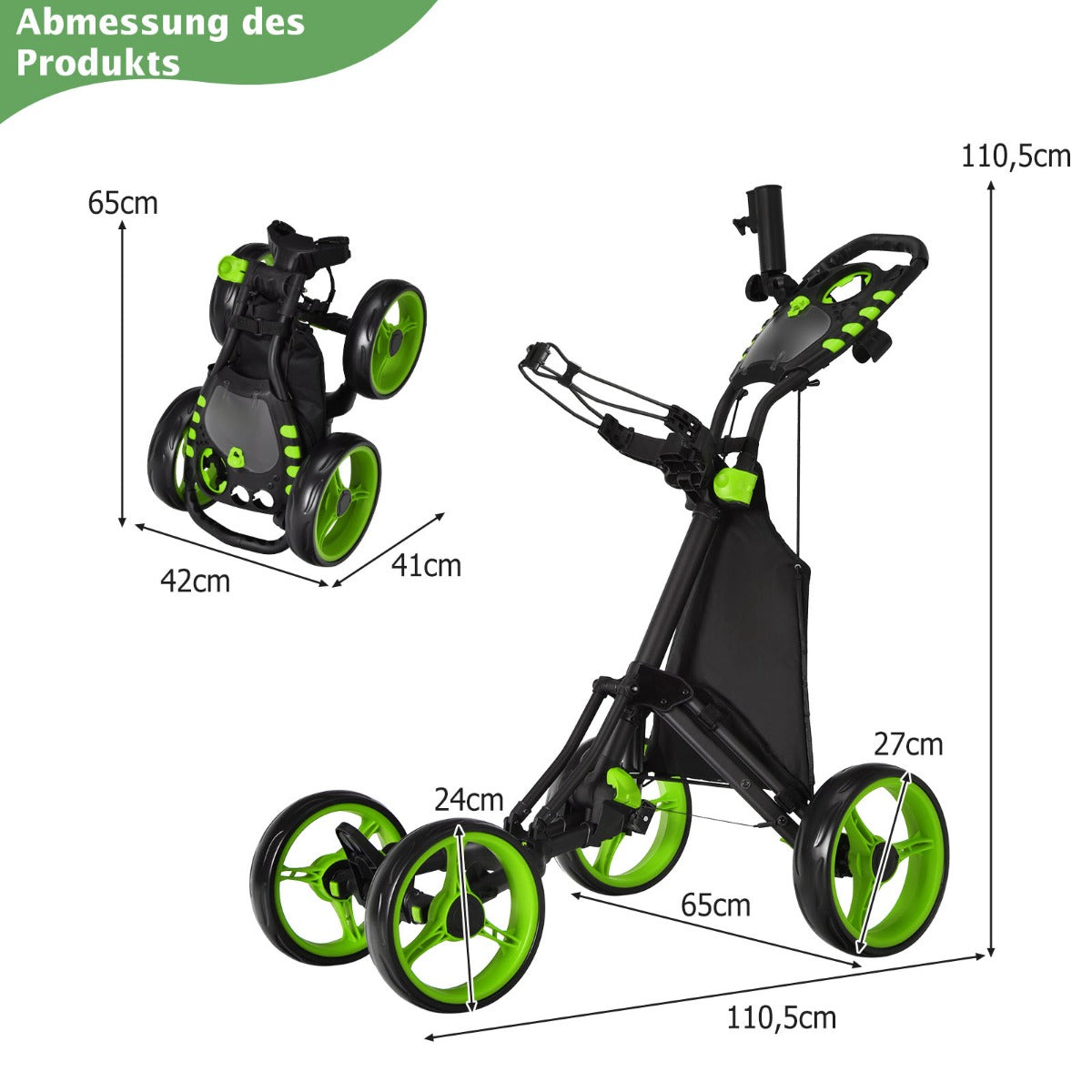 Golfvagn – hjulig hopfällbar Golfcaddy Push Cart i aluminium – 4 – Grön