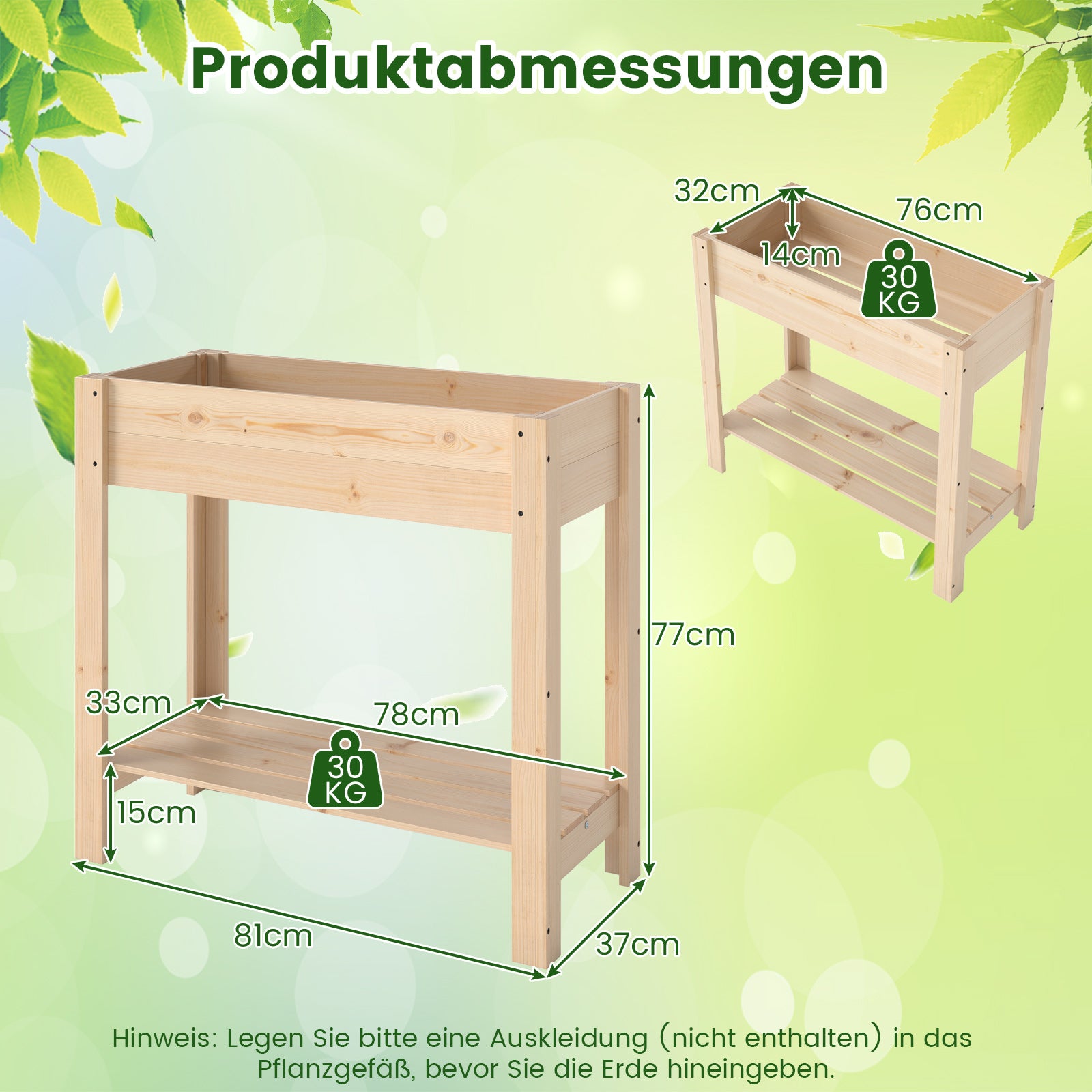 Höjdodling – med avlastning Förhöjd trädgårdsbädd i trä Planteringslåda dränering – 81 x 37 x 77 cm – Natur
