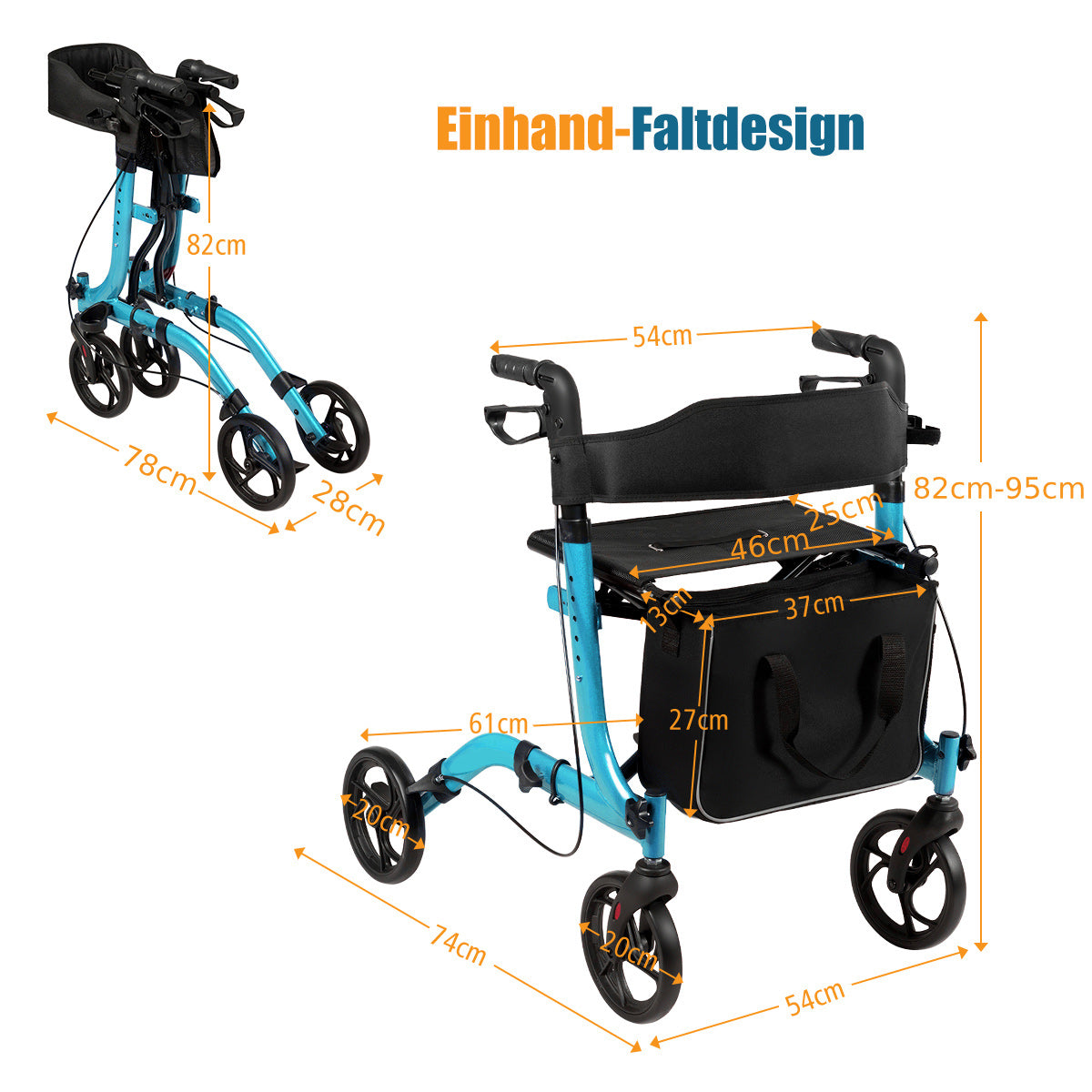 Aluminium – Rollator Fällbar Reserullator Höjdjusterbar Lättviktsrullator – Blå