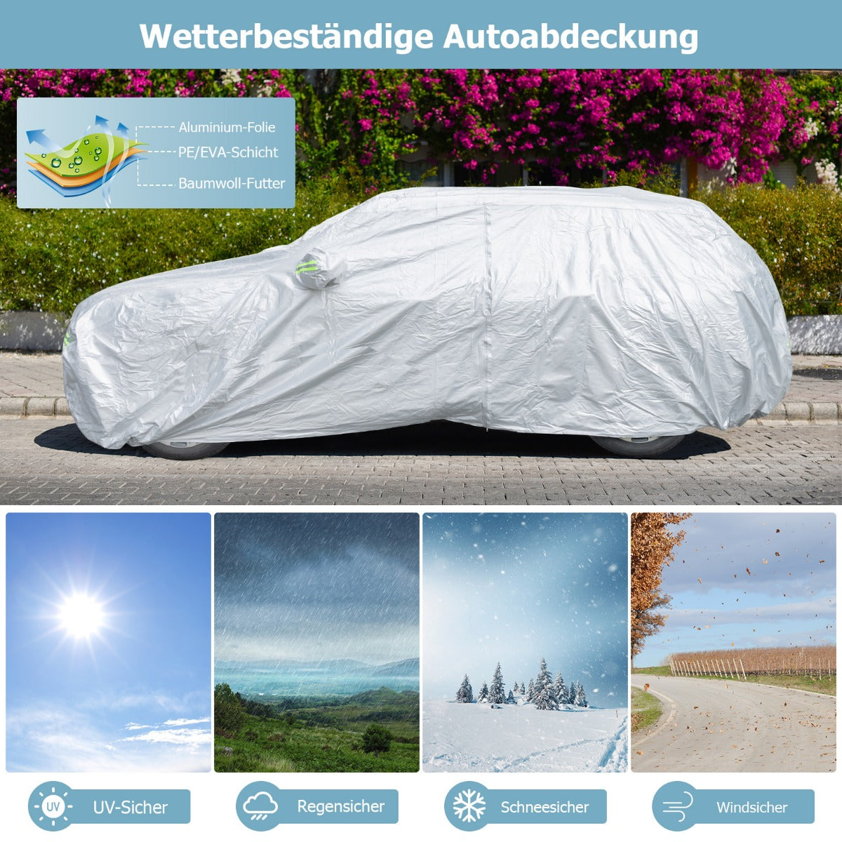 Väderbeständig – presenning för fordon Bilskydd med dragkedja dörr – 492 x 191 x 154 cm – Silver