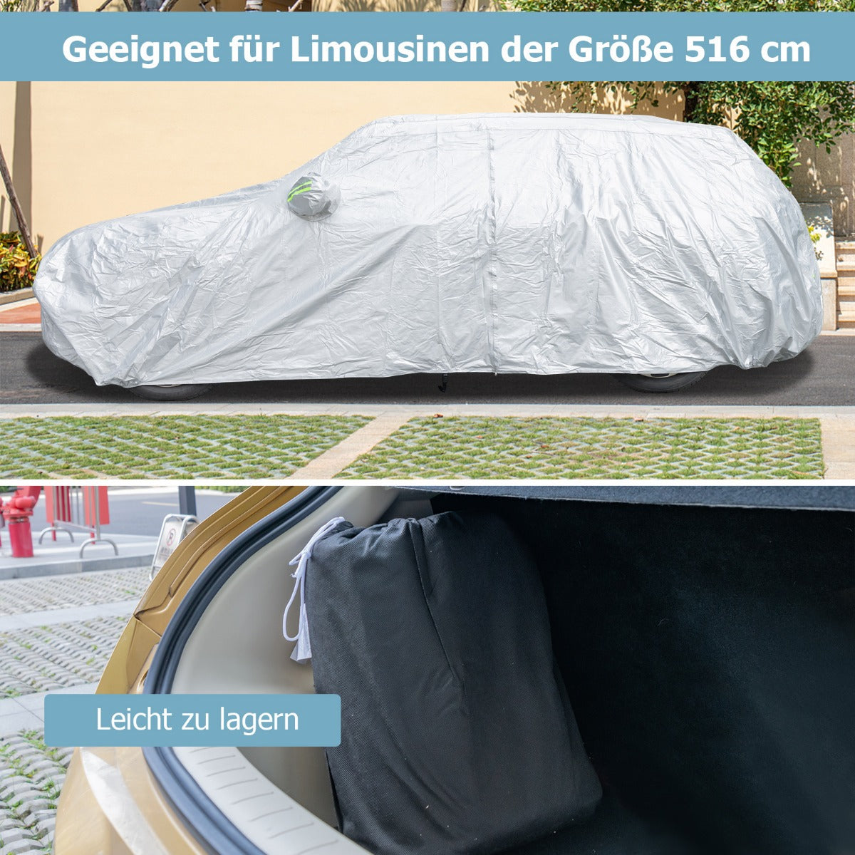 Väderbeständig – presenning för fordon bilskydd med dragkedja dörr – 516 x 191 x 164 cm – Silver