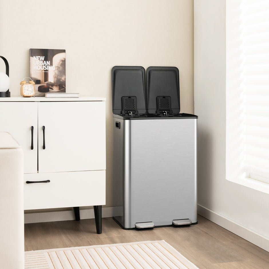 30L – papperskorg med fack och mjukstängande lock deodoriserande – 2 x 2 2 – Silver