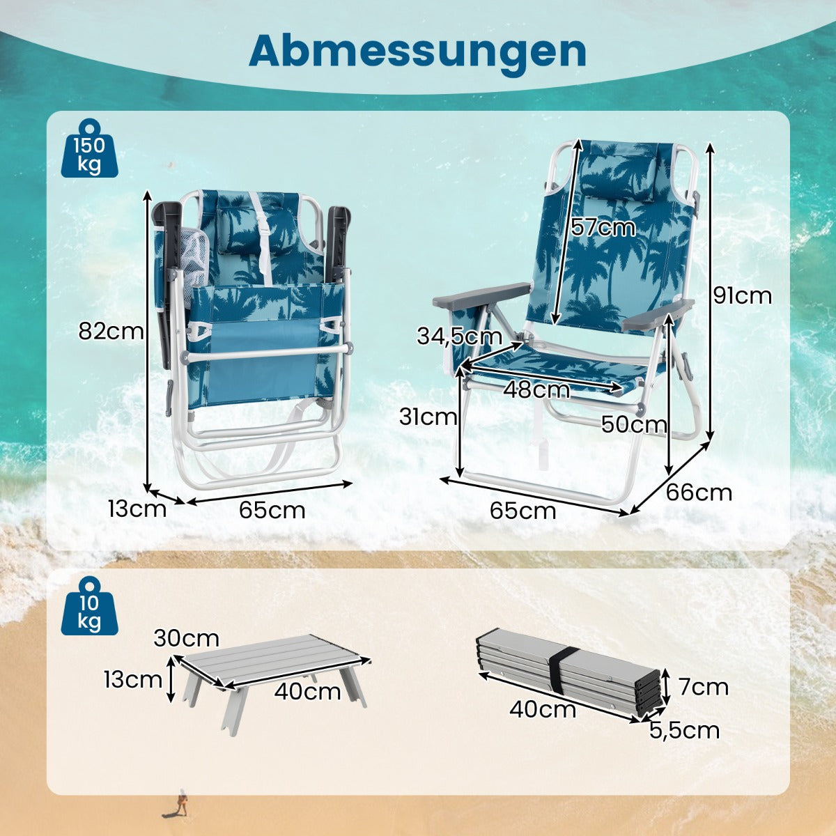 Fällbara – campingstolar med bord, justerbar ryggstöd, lätta strandstolar. – Blå