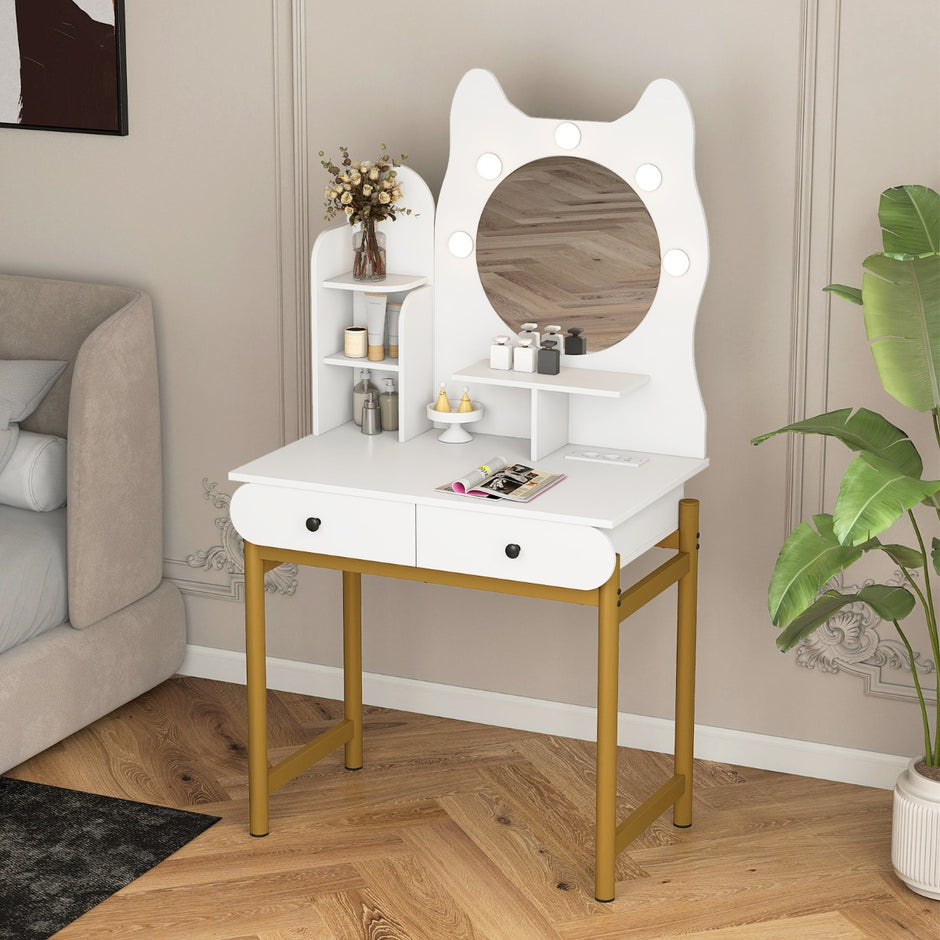 Sminkbord – i Kattform med Spegel och Belysning Låda Frisörbord – Vit