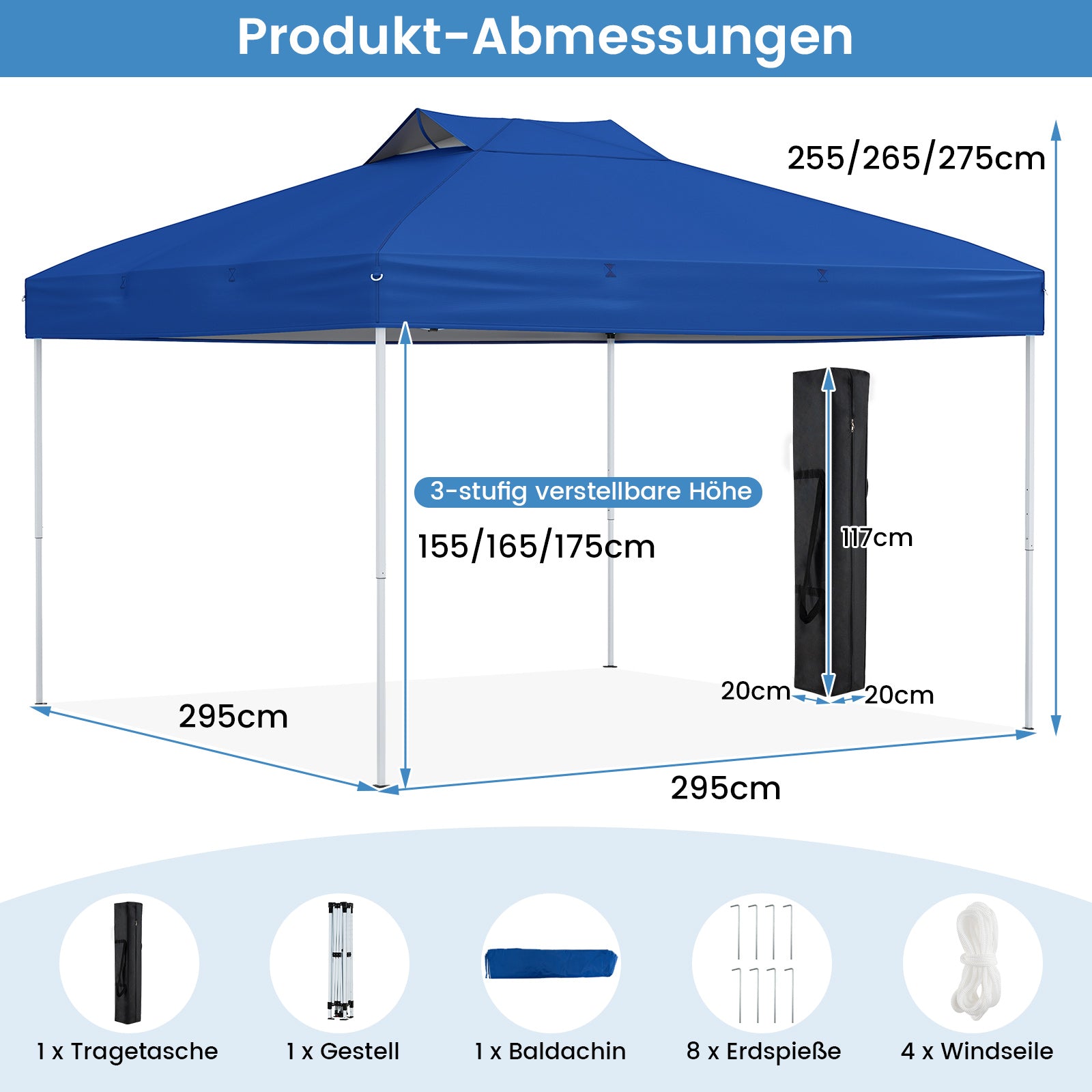 Paviljong – Vattentät UV skydd 50+ Partytält Fälltält – 3 x 3 m – Blå