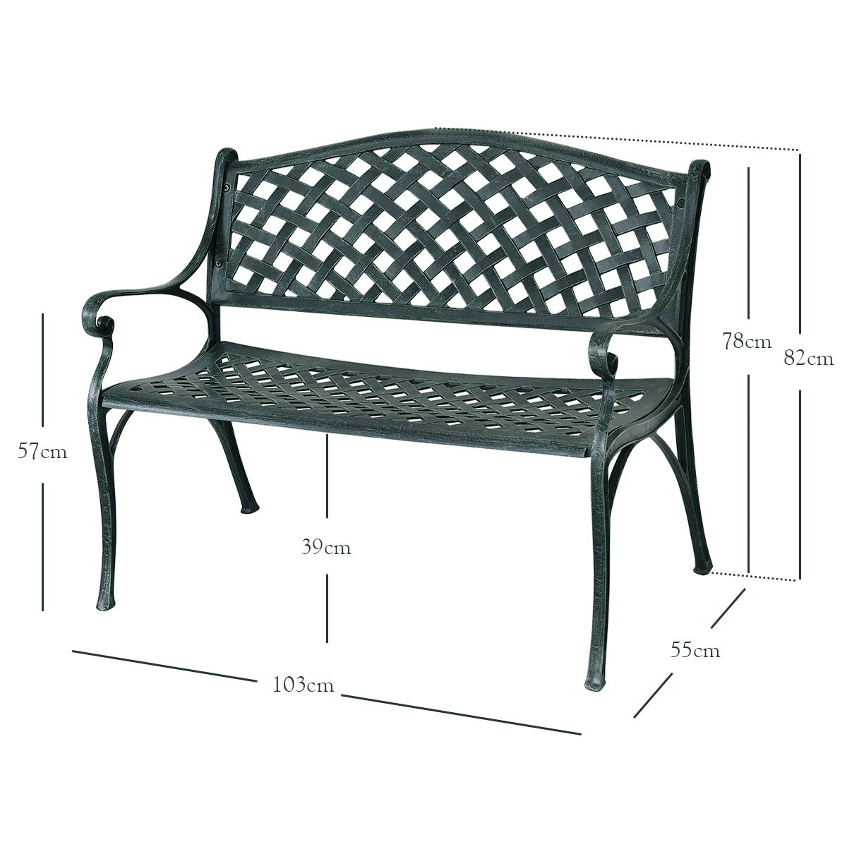 Trädgårdsbänk – Aluminiumbänk med armstöd Antikgrön – 103 x 55 x 82 cm – Gammal färg