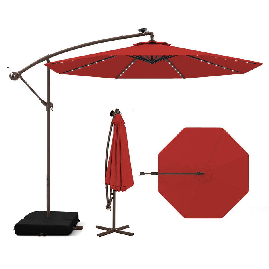 Fribärande – parasoll med solar LED lampor och sandsäckar vev UV skydd – 40 Ø 300 cm – Röd