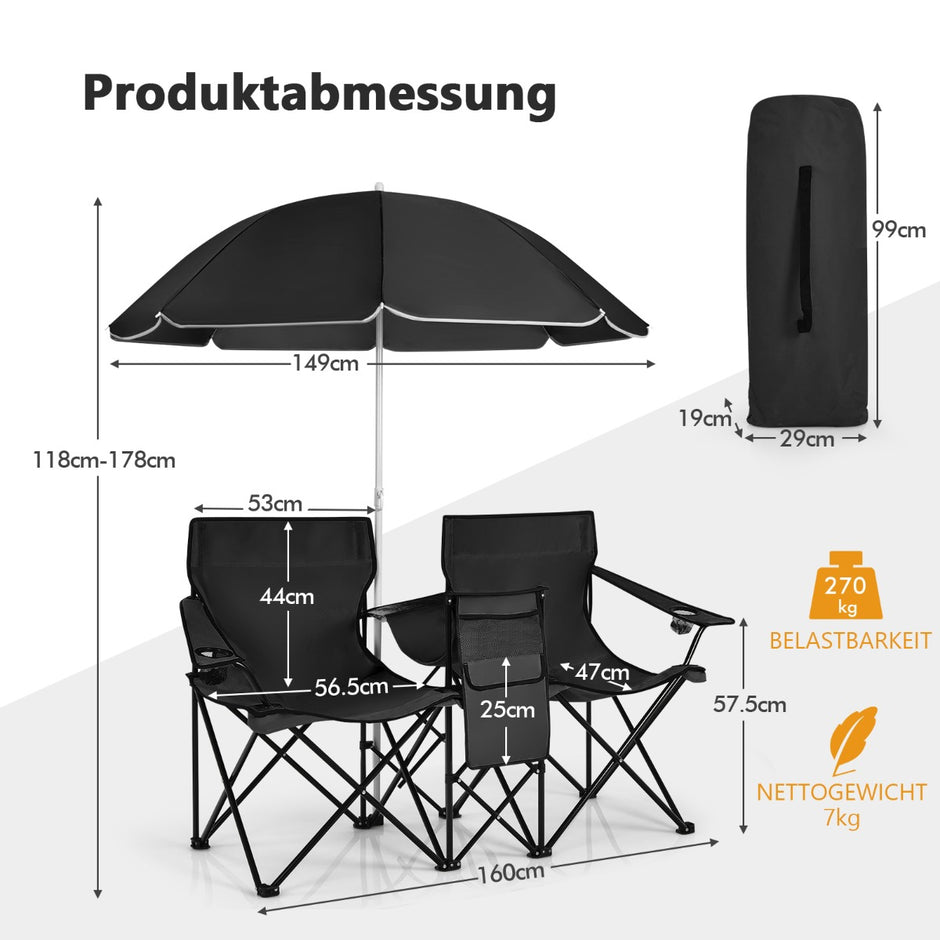 Campingstol – med parasoll Dubbel hopfällbar mugghållare Kylväska – Svart