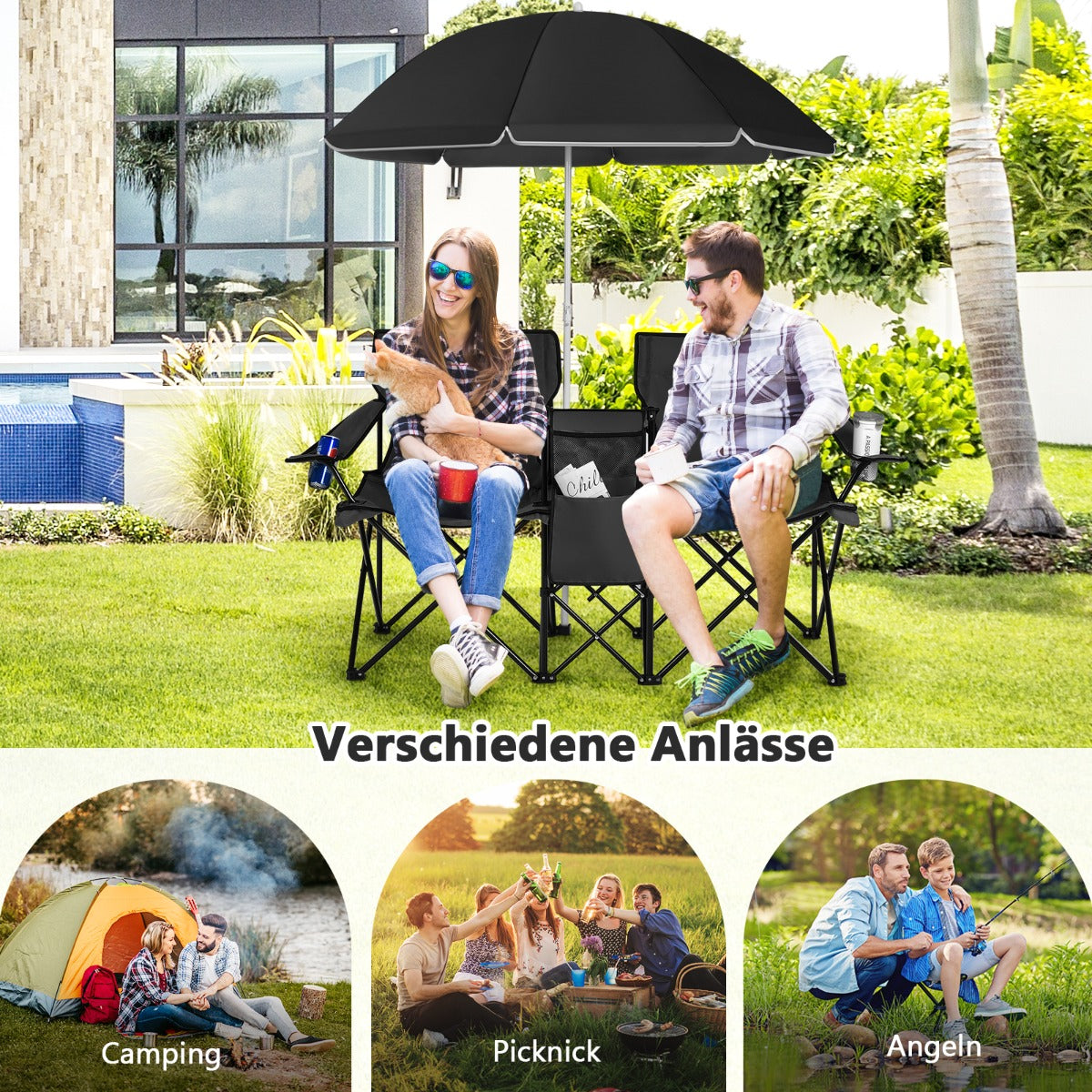 Campingstol – med parasoll Dubbel hopfällbar mugghållare Kylväska – Svart