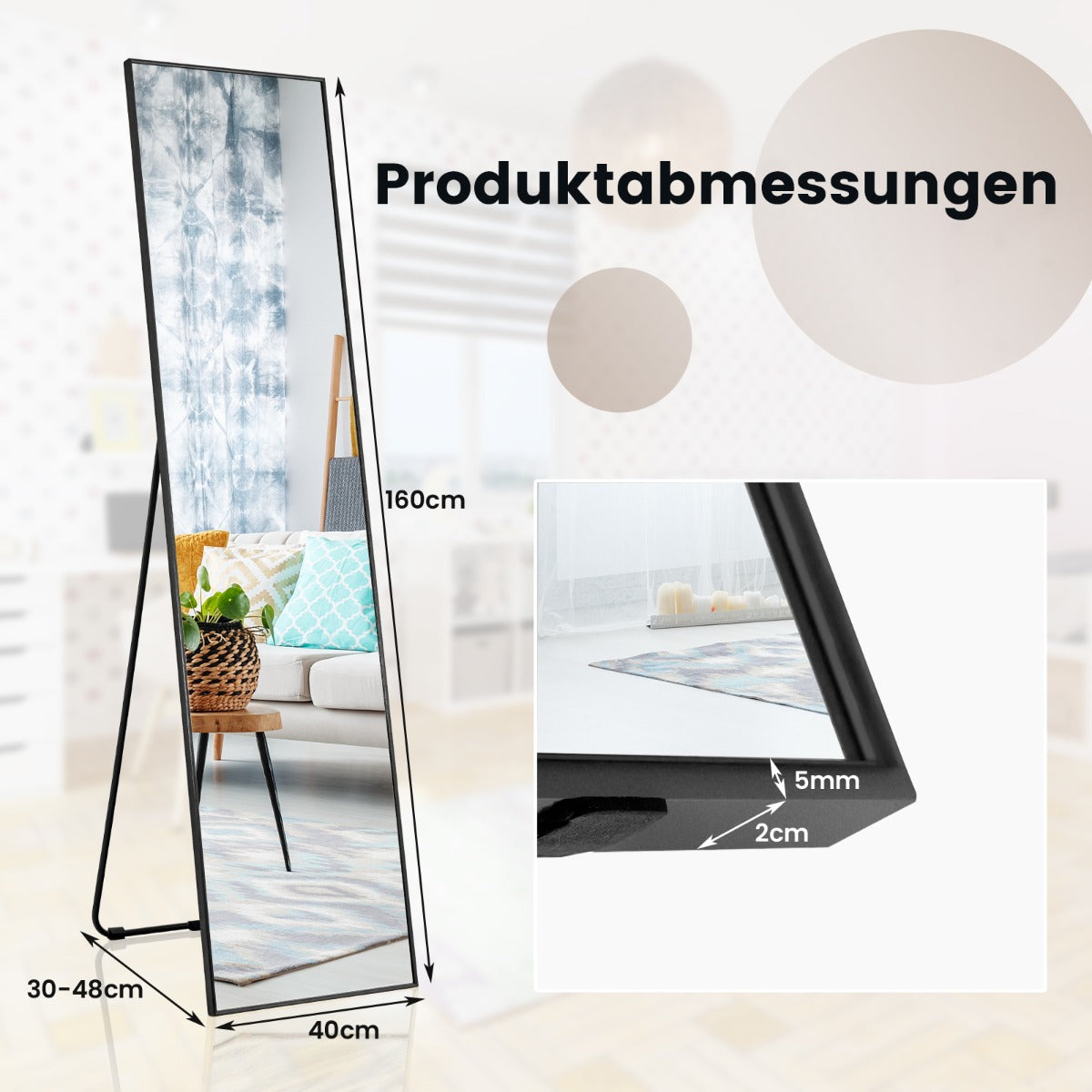 Helspegel – i stående och väggspegel gjord av splittersäkert glas – 2 1 160 x 40 cm – Svart