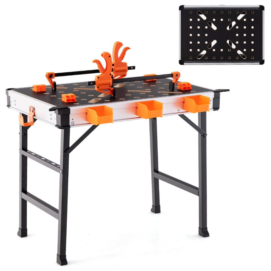 Fällbart – arbetsbord med snabbklämmor, verktygslådor och metallram – 2 3 – Orange
