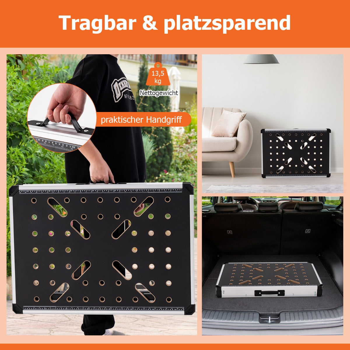 Fällbart – arbetsbord med snabbklämmor, verktygslådor och metallram – 2 3 – Orange