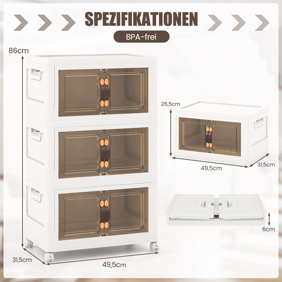 Set – med stapelbara förvaringslådor lock och hjul dörrar – 3 49,5 x 31,5 x 86 cm – Vit