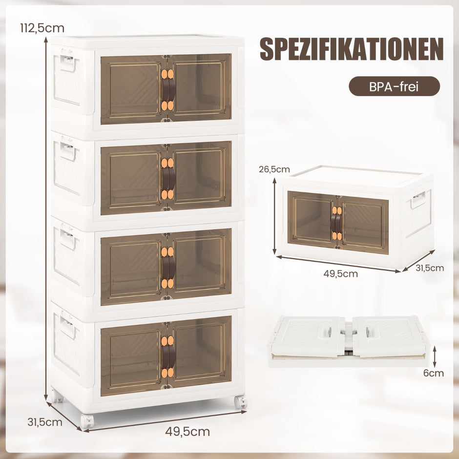 Set – med stapelbara förvaringslådor lock och hjul dörrar – 4 49,5 x 31,5 x 112,5 cm – Vit