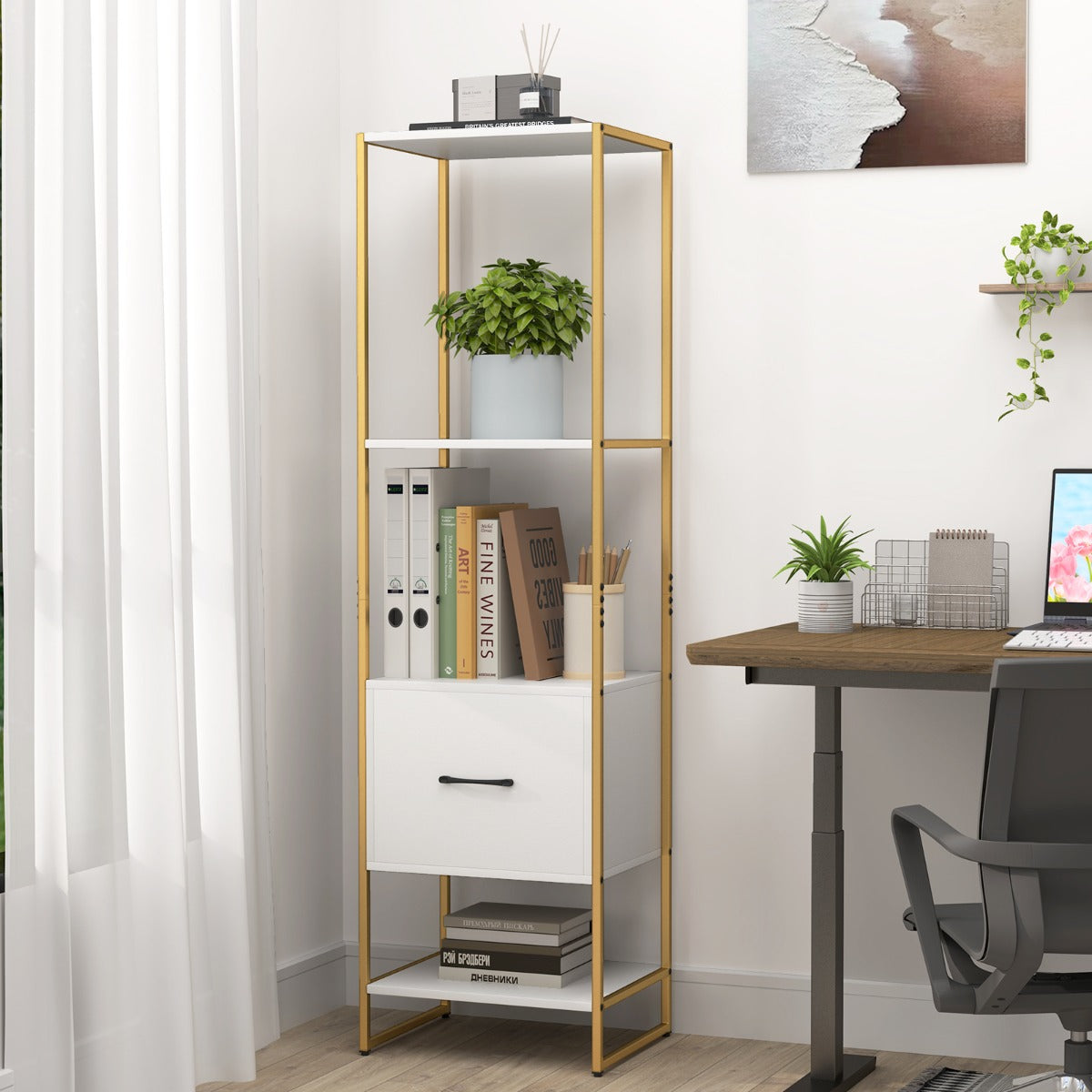 vånings – bokhylla med låda och metallram Modern stående – 5 – Vit