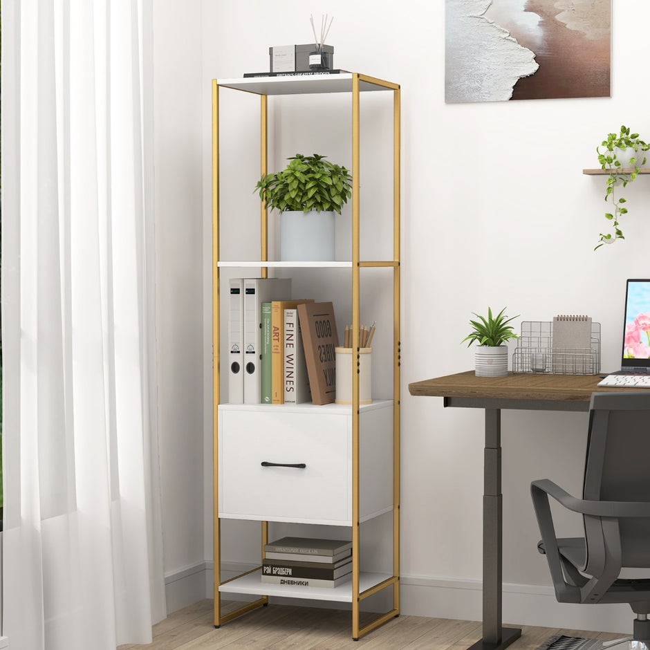 vånings – bokhylla med låda och metallram Modern stående – 5 – Vit