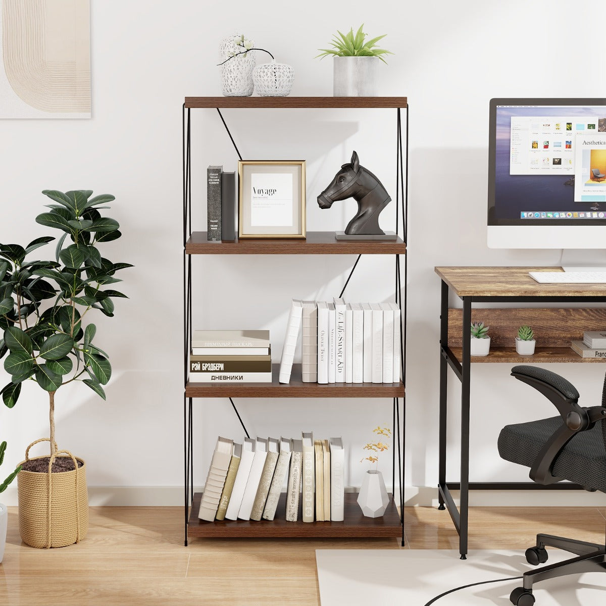 vånings – stående hylla med metallram Industriell Förvaringsställ – 4 60 x 29,5 x 105 cm – Brun