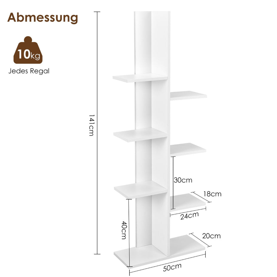 Trädformad – bokhylla med hyllor Fristående Kontorshylla – 8 50 x 20 x 141 cm – Vit