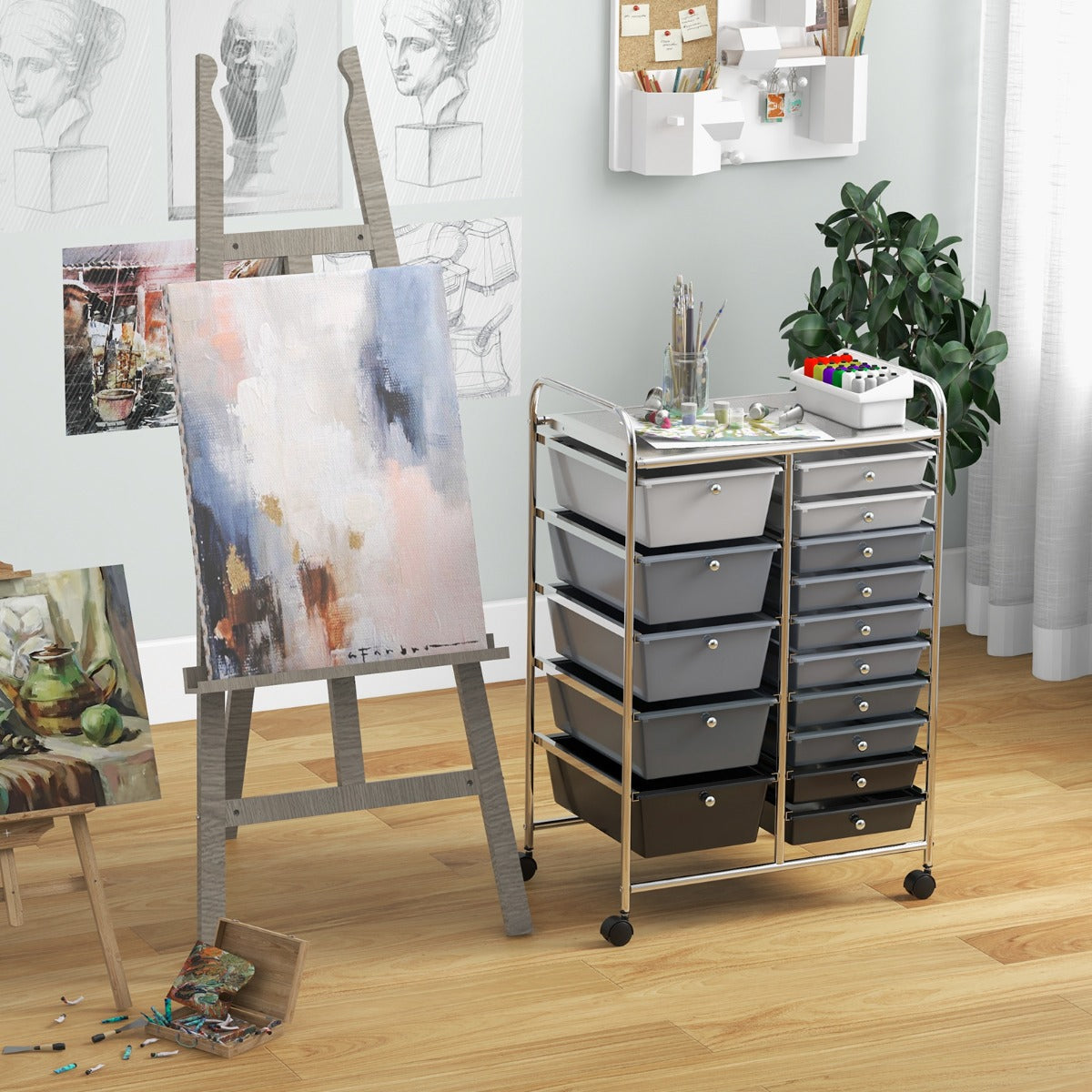 Vagn – med stapelbara lådor Rullbehållare – 15 15 62,5 x 37 x 87 cm – Silver