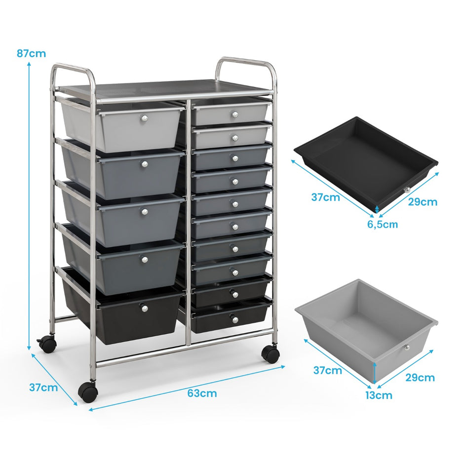 Vagn – med stapelbara lådor Rullbehållare – 15 15 62,5 x 37 x 87 cm – Silver