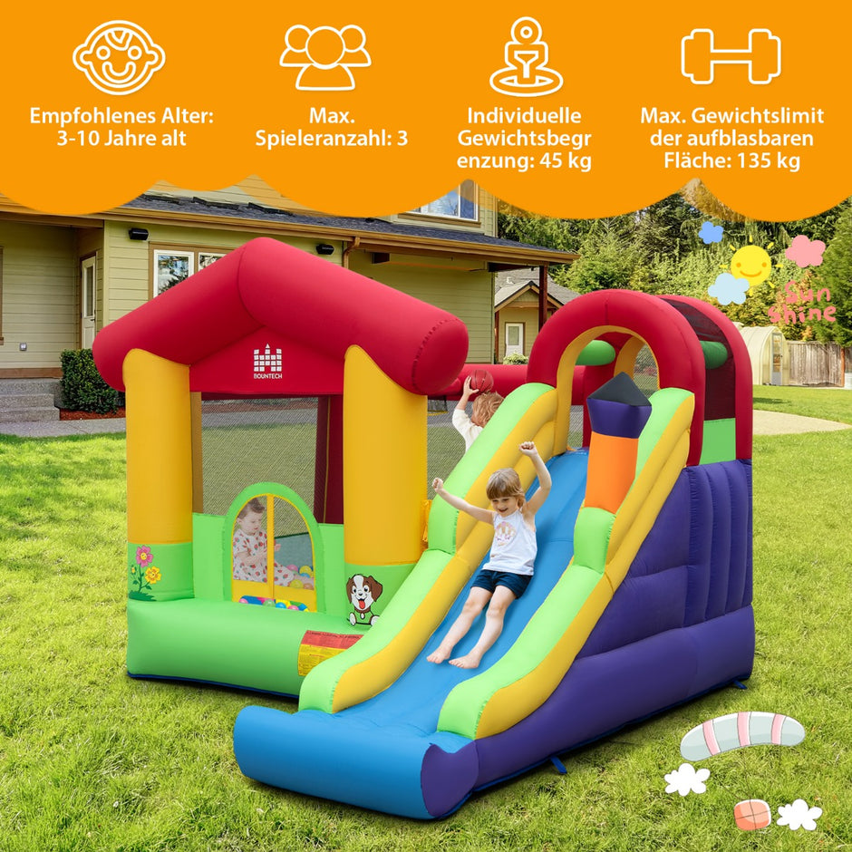 Hoppaborg – Uppblåsbart lekslott för barn med rutschkana – 325 x 290 x 205 cm – Färgglad