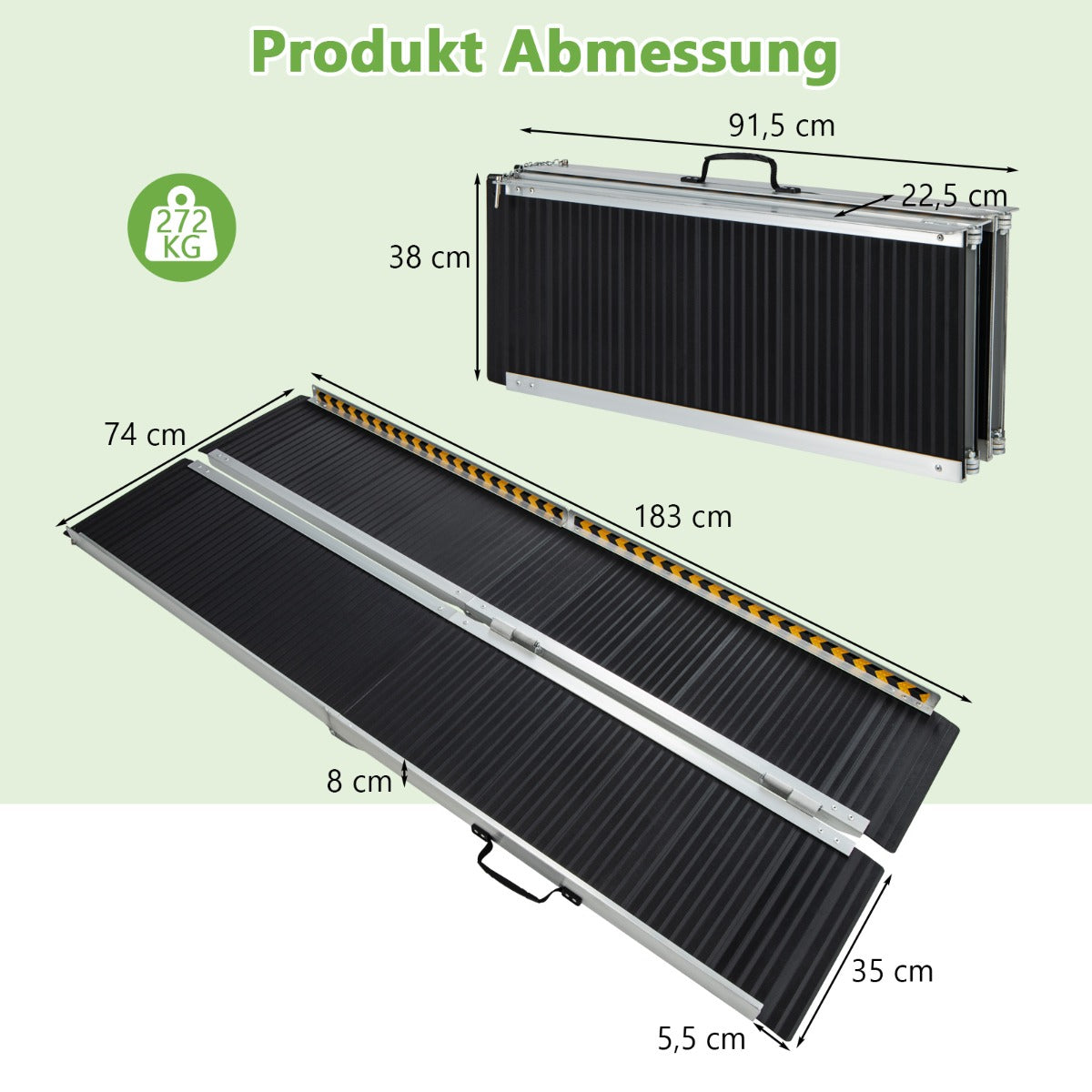 Rullstolsramp – Bärbar och Halkskyddad hopfällbar upp till Lastkapacitet Aluminium – 272 kg 183 x 74 cm – Svart