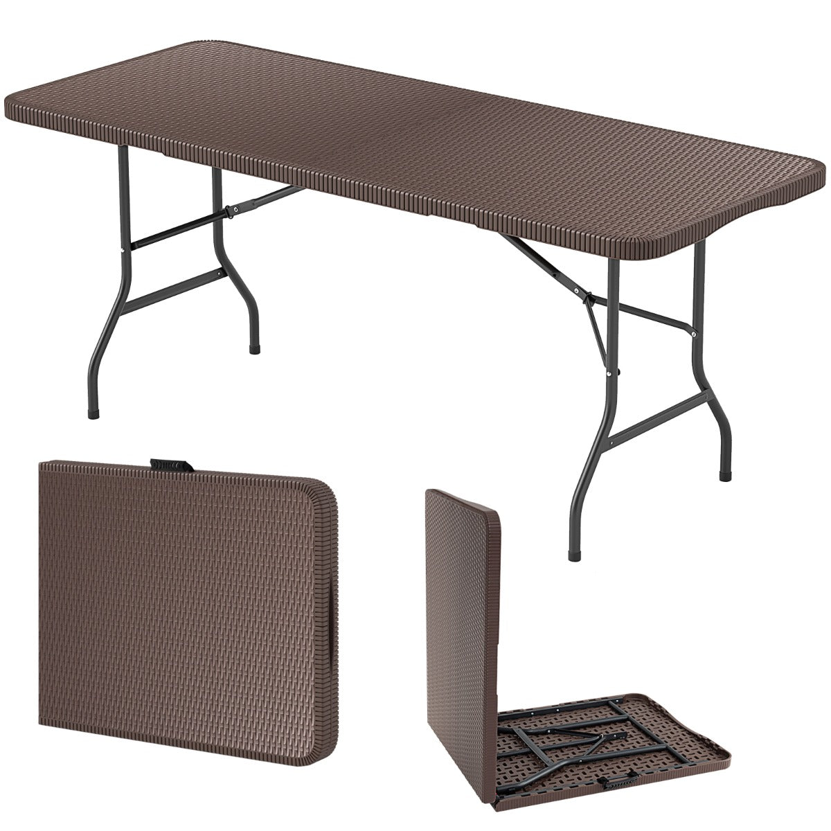 Fällbar – trädgårdsbord i rottinglook med HDPE bordsskiva och bärhandtag campingbord – Brun