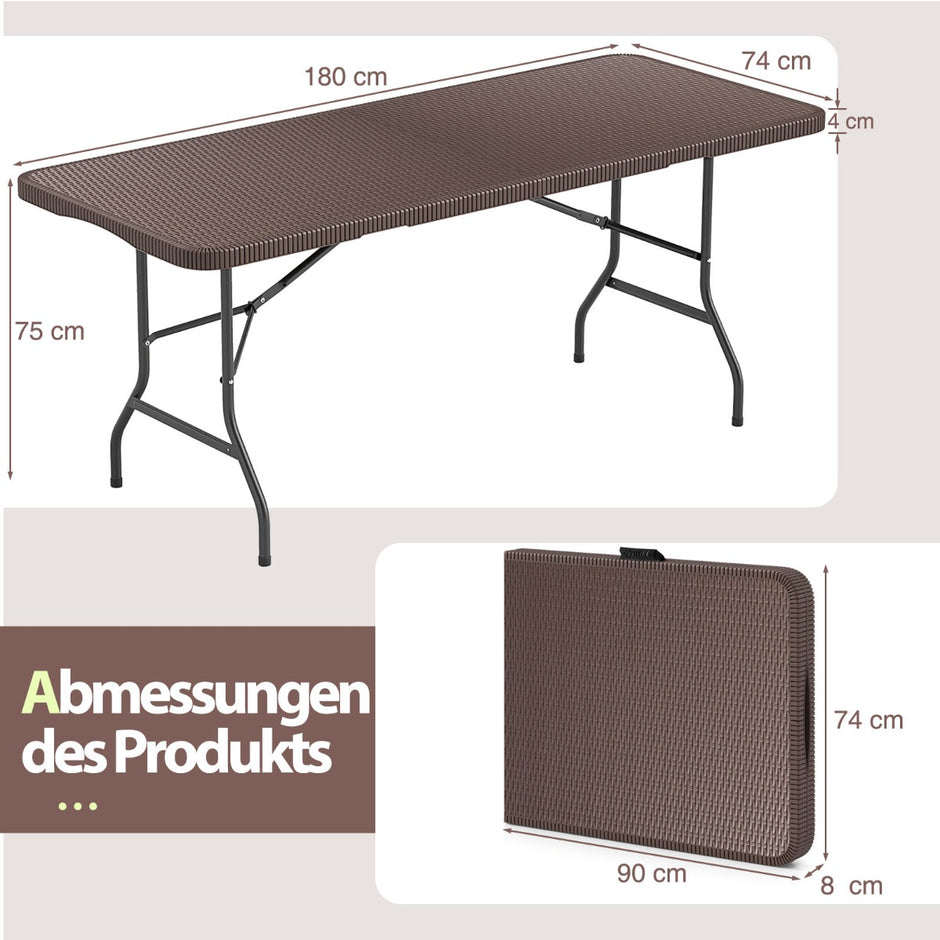 Fällbar – trädgårdsbord i rottinglook med HDPE bordsskiva och bärhandtag campingbord – Brun