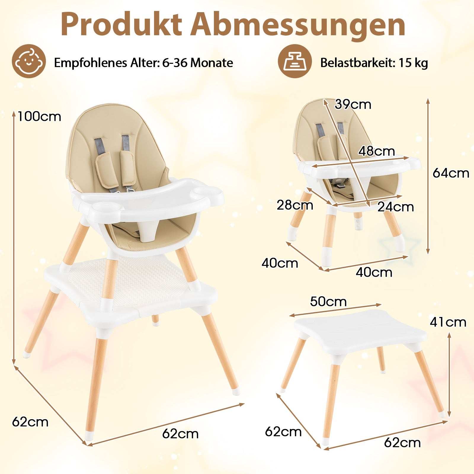 Höga – stolar för spädbarn och småbarn i omvandlingsbordstolset med byggklossbord – 6 1 – Beige