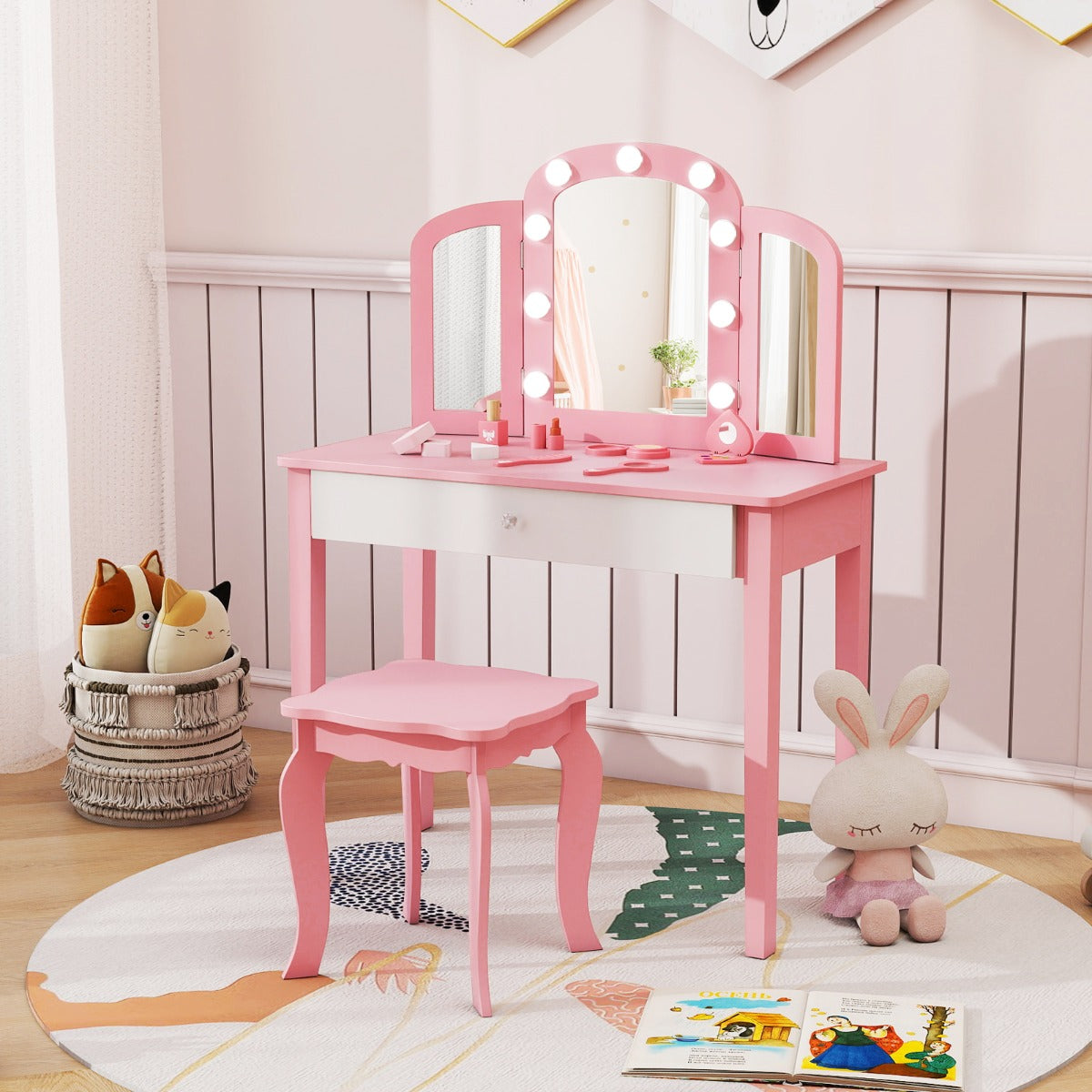i – Barn Sminkbord Set med Avtagbar Spegel och Ljusfärg – 2 1 3 – Rosa