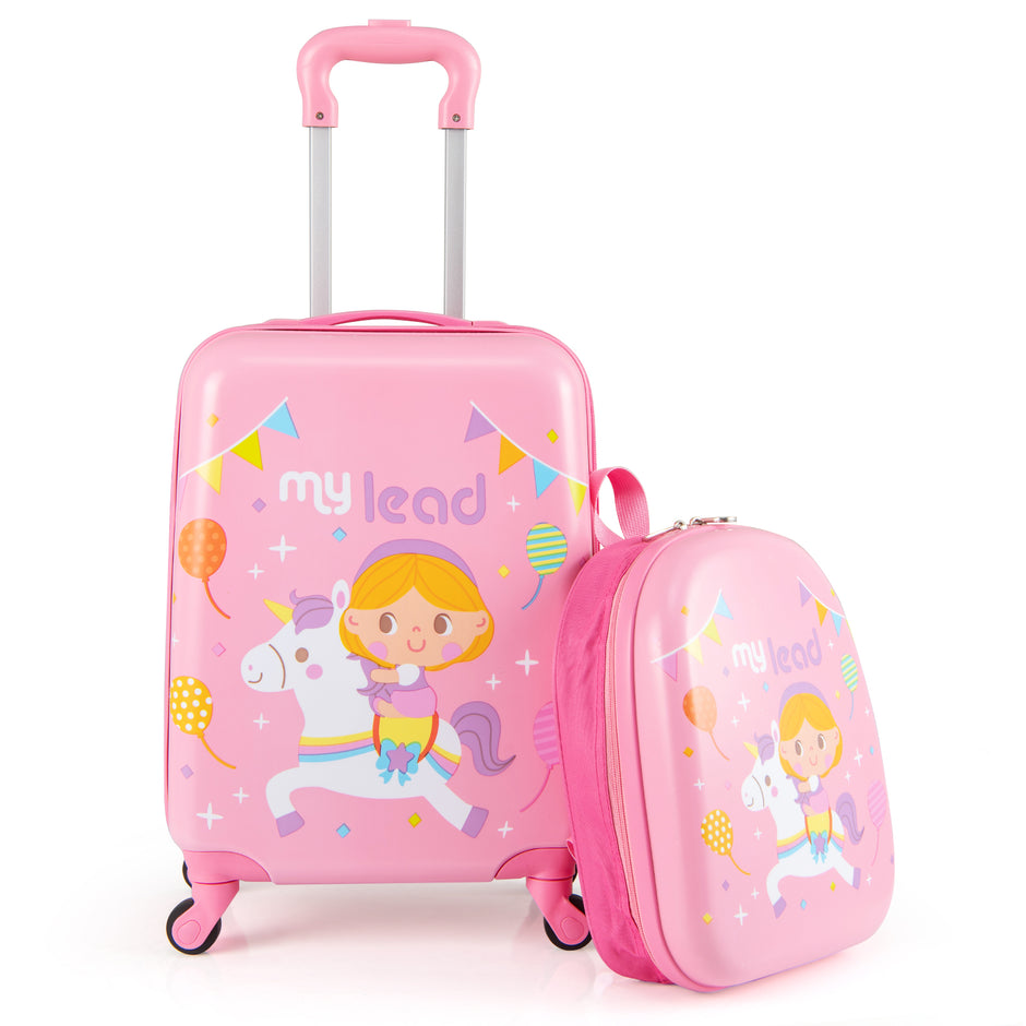 delat – barnväska set barnbagage med hjul 17" handbagage och 13" hårdskal ryggsäck enhörningar – 2 – Rosa