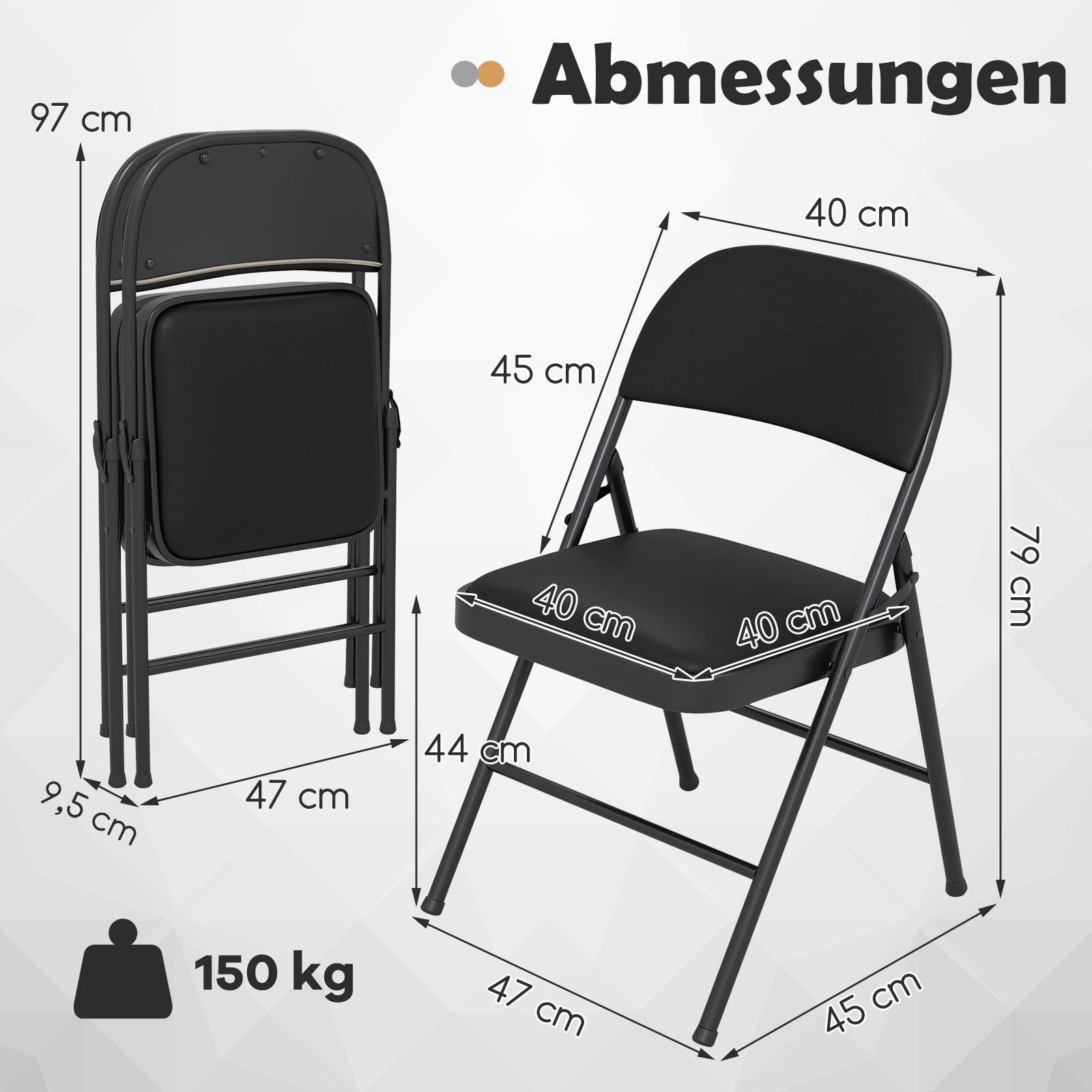 pack – hopfällbara stolar med metallram, konstläder, stoppade – 2 – Svart