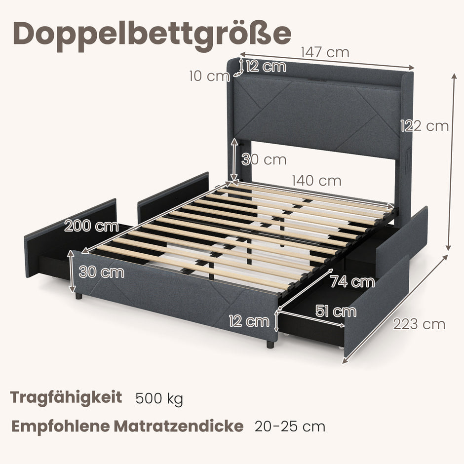 Dubbelsängsram – inklusive LED lampor, vadderad plattformssäng med laddstation, förvaringsfickor och lådor, (200 x cm) – 2 4 140 – Grå