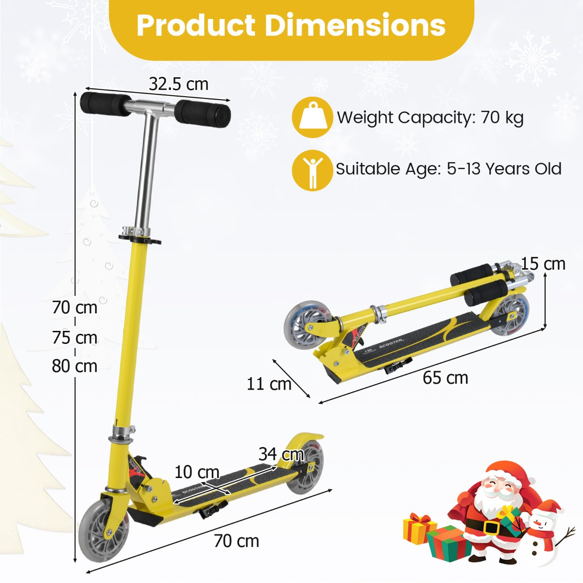 Scooter – Roller Sparkcykel hopfällbar upp till – 70 kg – Gul
