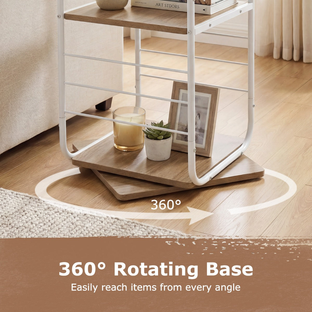 våningar – roterande bokhylla 360° roterbart boktorn med metallram Vitt och Naturfärgad – 4 – Natur