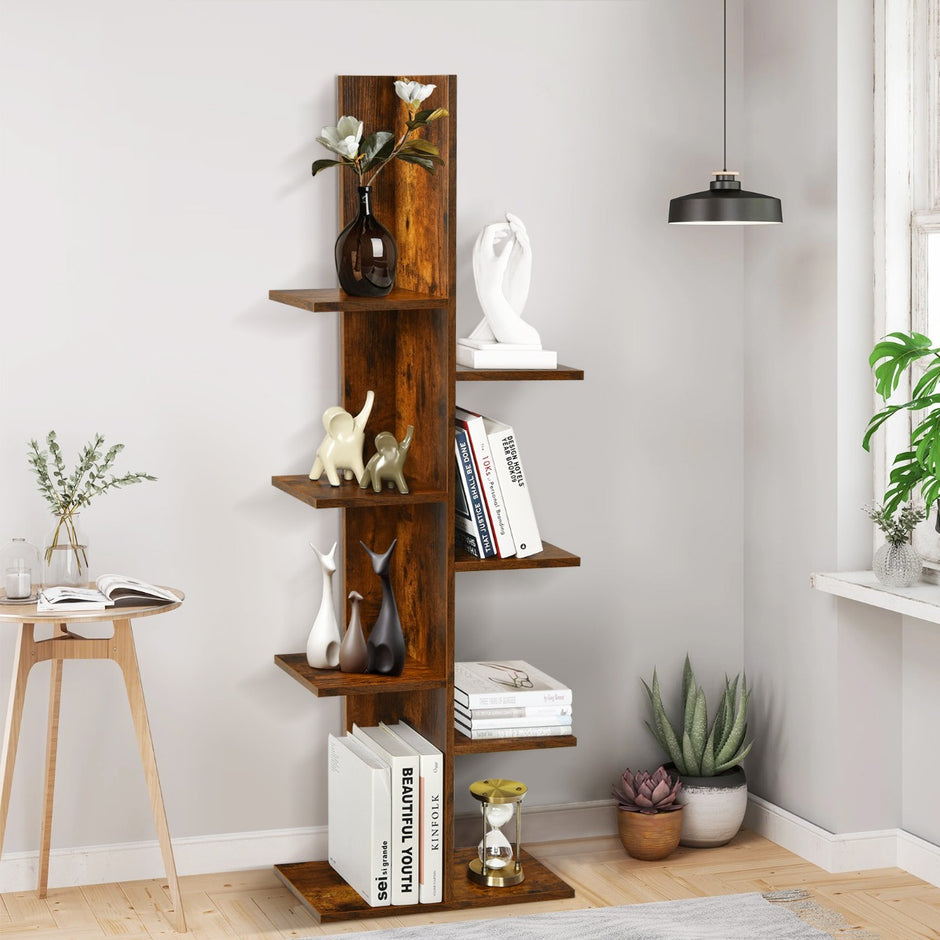 Trädformad – bokhylla med hyllor, fristående kontorshylla, – 8 50 x 20 x 141 cm – Brun