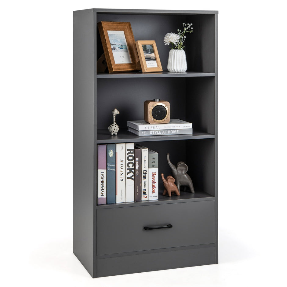 Bokhylla – med lådor nivåer Förvaringshylla i trä Ståhylla – 4 60 x 38 x 120 cm – Grå