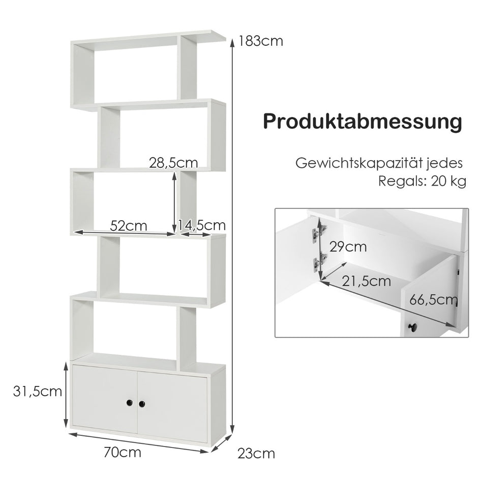 Bokhylla – Ståhylla med dörrar Rumsavdelare nivåer – 183 x 70 x 23 cm 5 – Vit