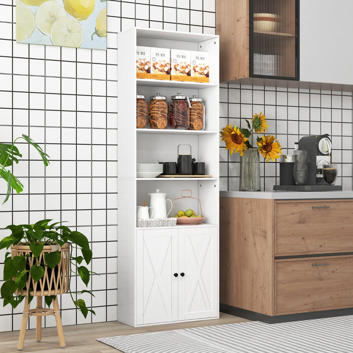 Hög – bokhylla i lantlig stil med luckor Mångsidigt förvaringsskåp – 180 cm – Vit