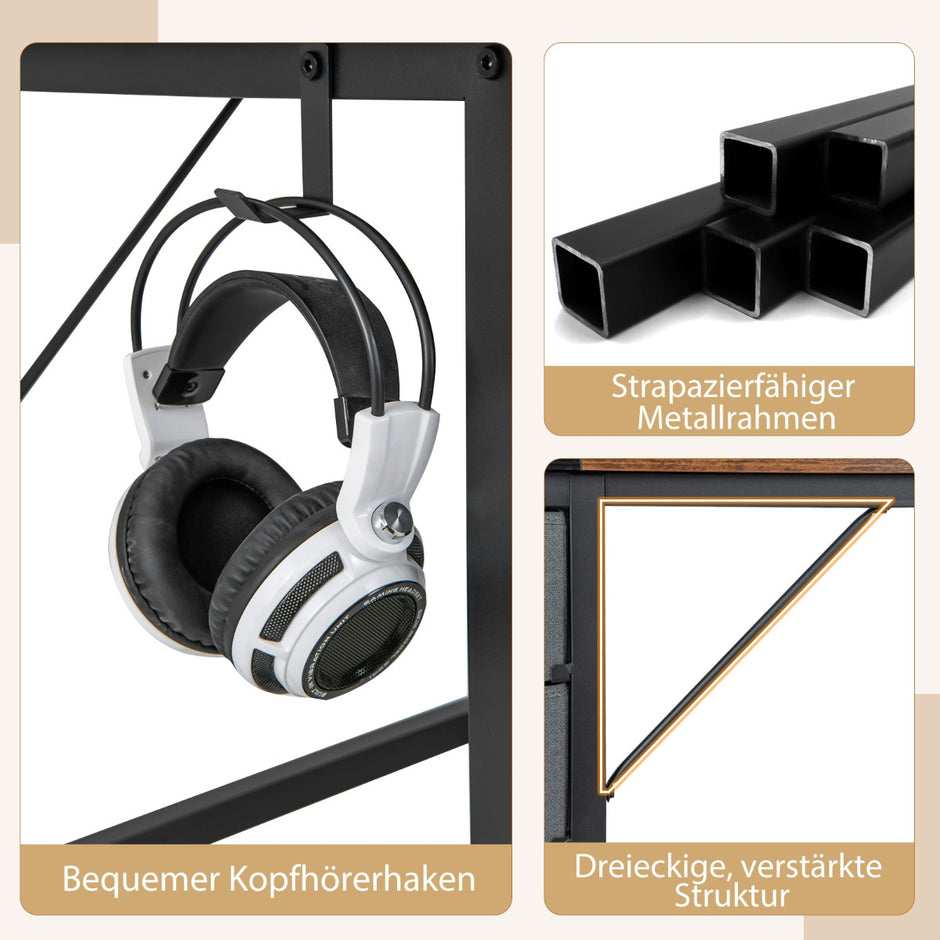 Långt – skrivbord med lådor och hörlurskrok förvaringsfack Datorbord – 2 120 cm – Rustik brun