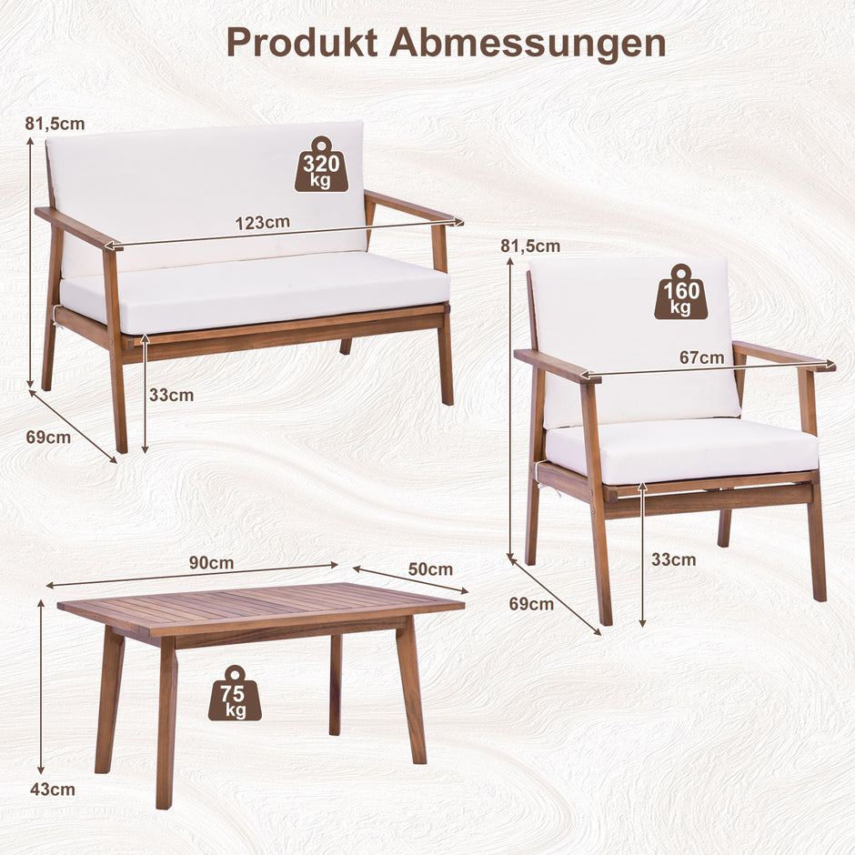 delat – trädgårdsmöbelset balkongmöbler i akaciaträ terrassmöbler med sitt och ryggkuddar – 4 – Vit