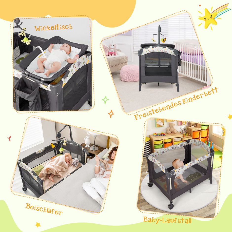 Bärbar – babylekhage i konvertibel med säng – 3 1 107 x 72 x 80,5 cm – Grå