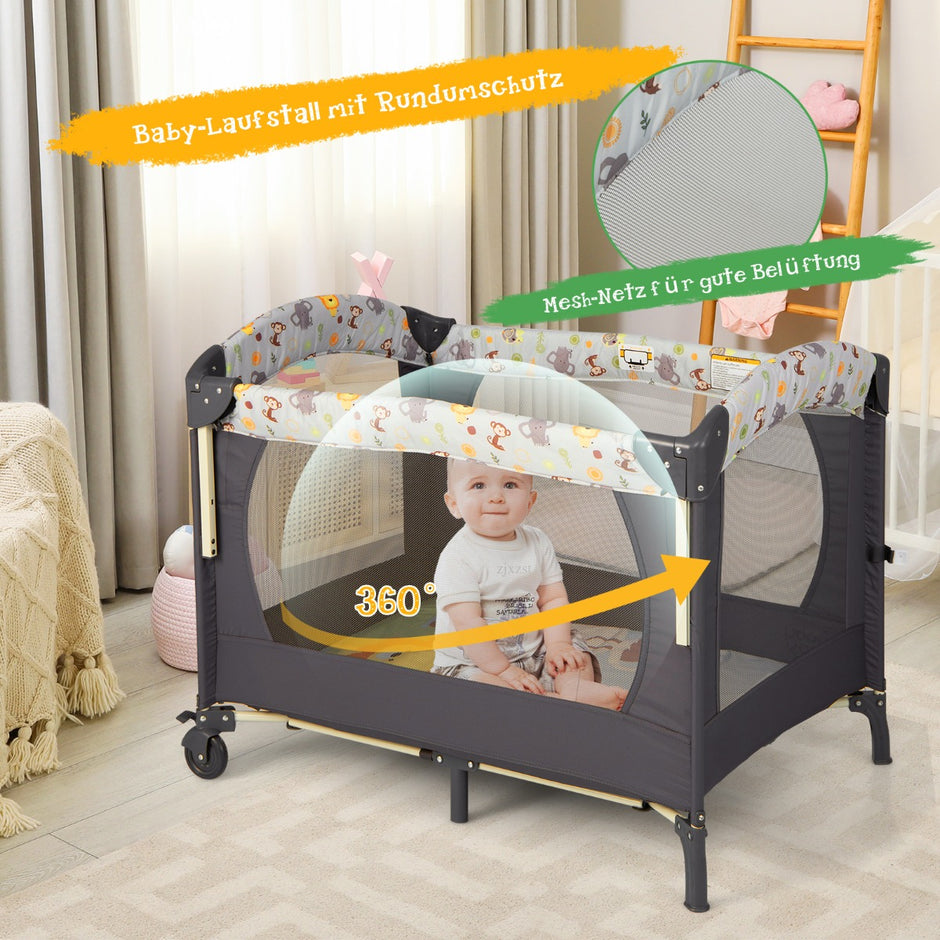 Bärbar – babylekhage i konvertibel med säng – 3 1 107 x 72 x 80,5 cm – Grå