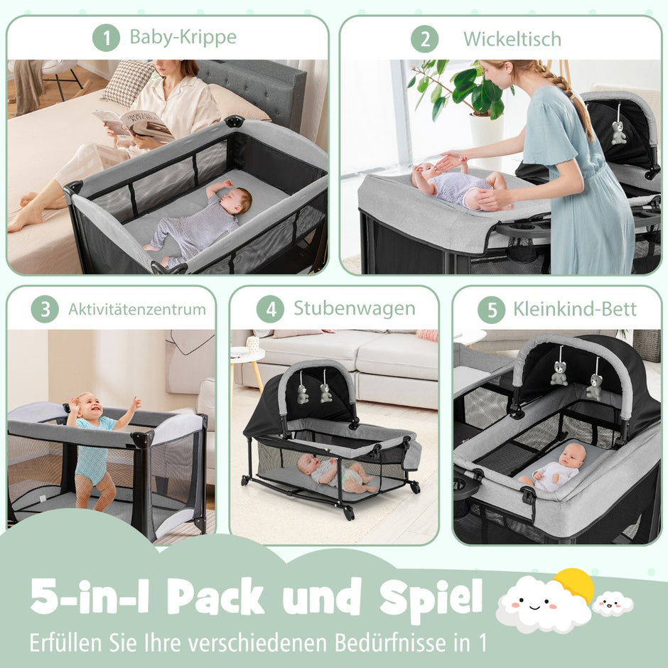 i – bärbar babysäng med resesäng och vagn lekhage skötbord + grått – 5 1 – Svart