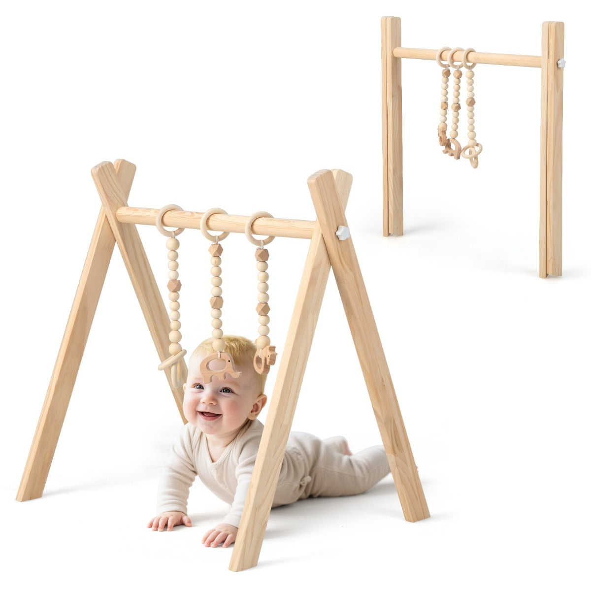Babygym – Babylekutrustning Lek trapets Lekbåge Träleksaksaktivitetscenter med barnleksaker Natural – 3 – Natur
