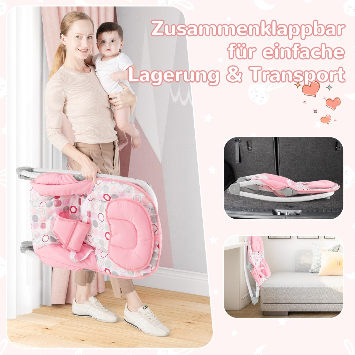 i – Baby Rocker hopfällbar bärbar med nivå justerbart ryggstöd – 2 1 3 – Rosa