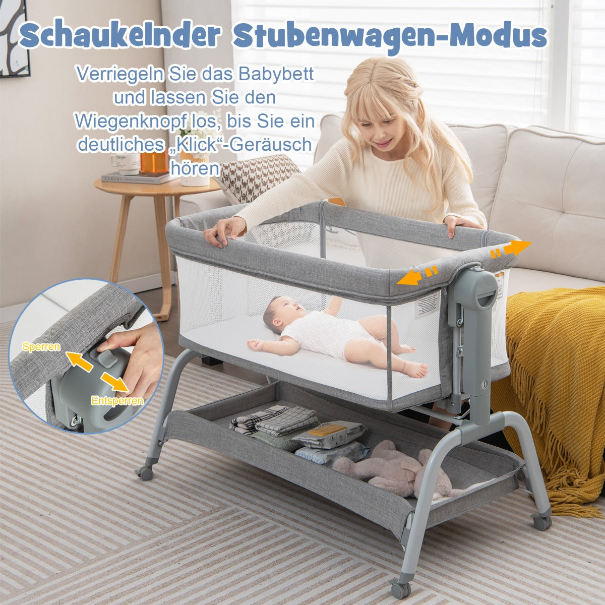 i – mobil babysäng med myggnät och madrass justerbara höjder – 4 1 6 – Grå
