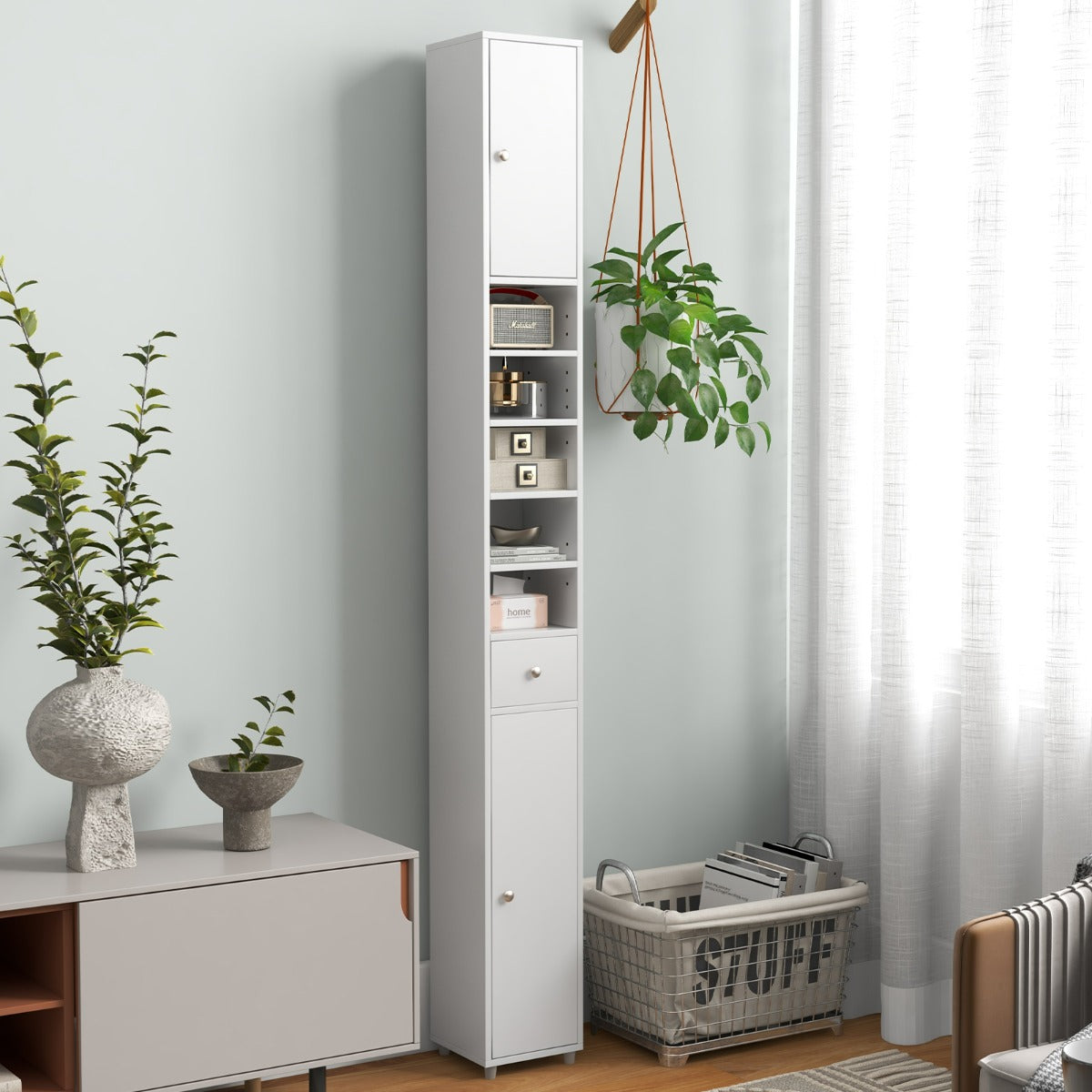 Smalt – badrumsskåp högskåp med dörrar och låda – 2 1 20 x 20 x 180 cm – Vit