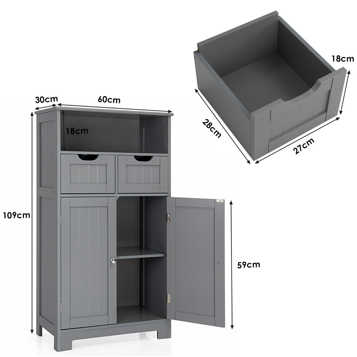 Fristående – skåp med lådor för kök Badrum – 60 x 30 x 109 cm – Grå
